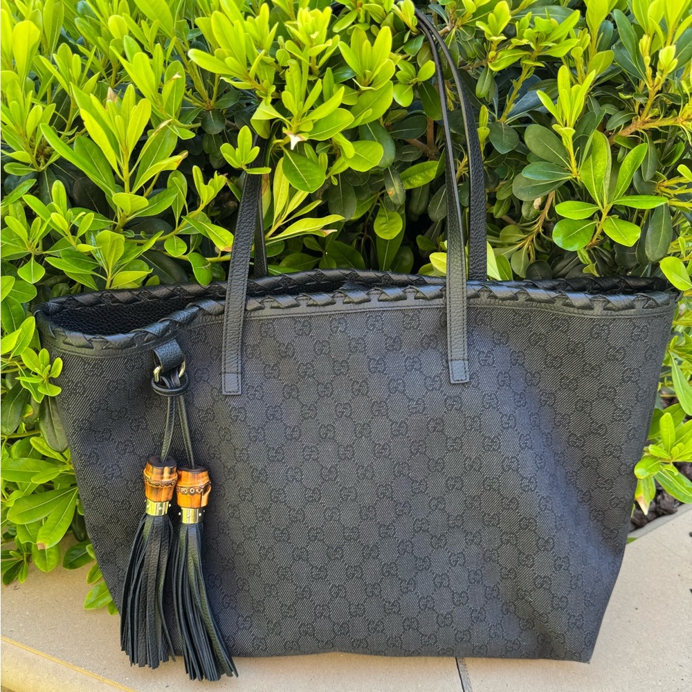 Gucci Black Monogram Tote with Bamboo Accents